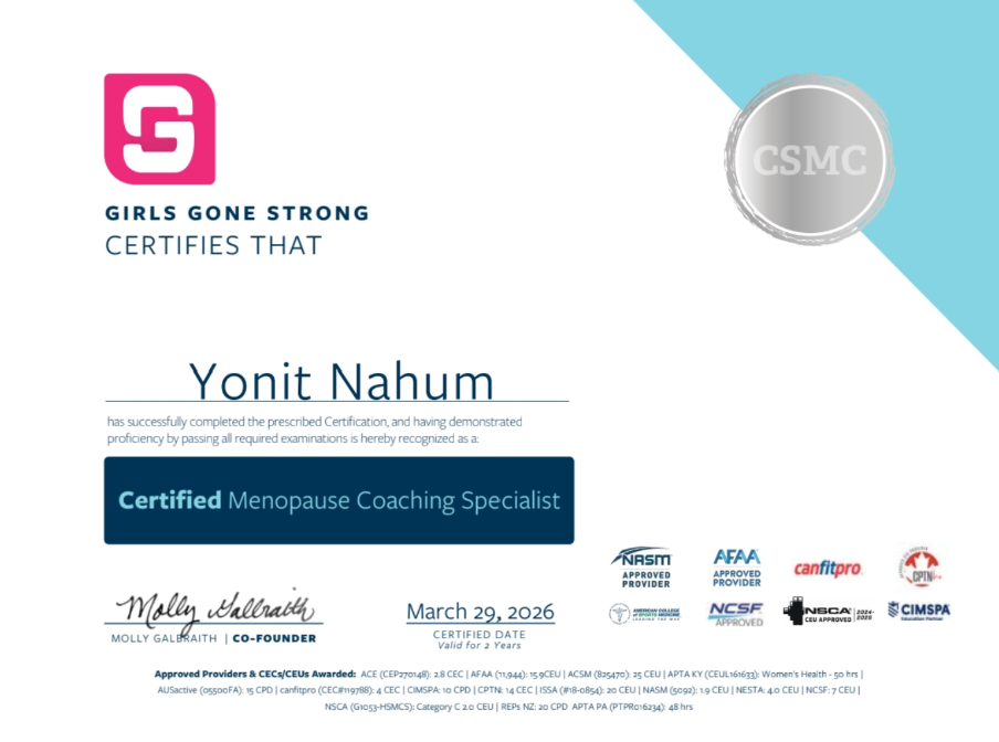 תעודת הסמכה: Certified Menopause Coaching Specialist מטעם Girls Gone Strong